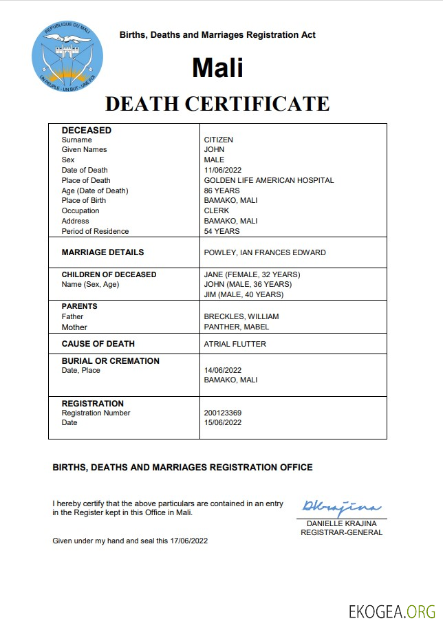 Modèle Word et PDF de certificat de décès de l'état civil du Mali